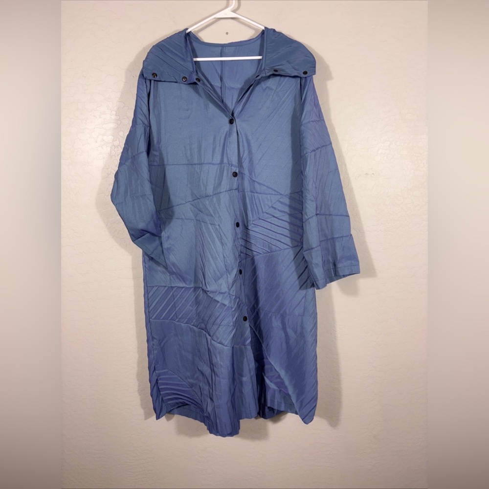 Babette‎ SF Packable Lagenlook Iridescent Blue Long Duster Jacket Hooded USA L